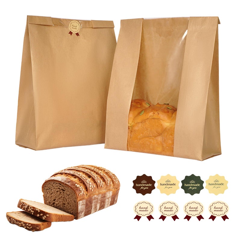 Funcoo 60 pcs Bread Bags for Homemade Bread Paper Sourdough Bread Bakery Storage Bags with Window, Large Bakery Bread Loaf Bags for Baked Goods Packaging, Label Seal sticker included - Image 1